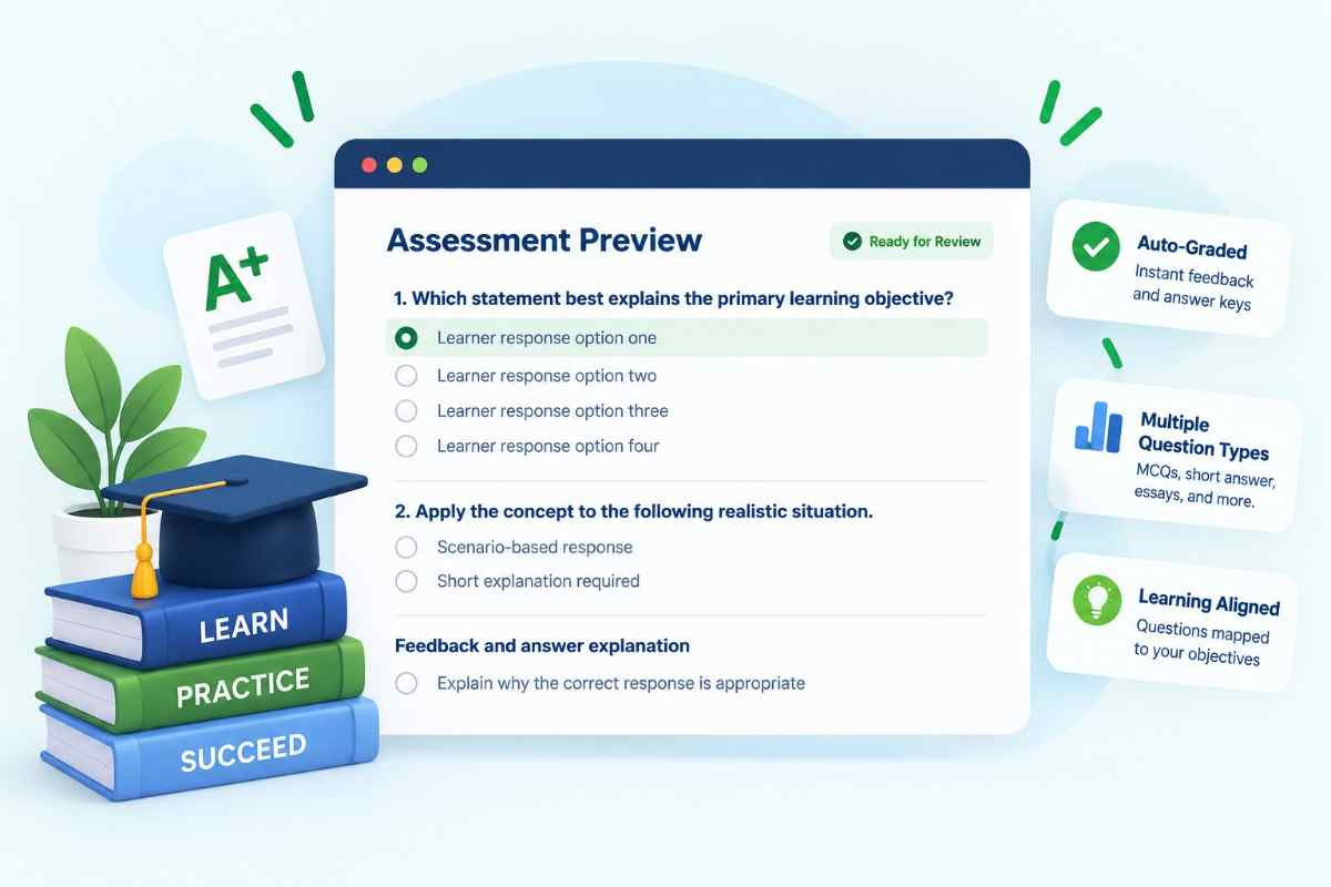 AI quiz and question bank workspace showing assessment questions and answer options