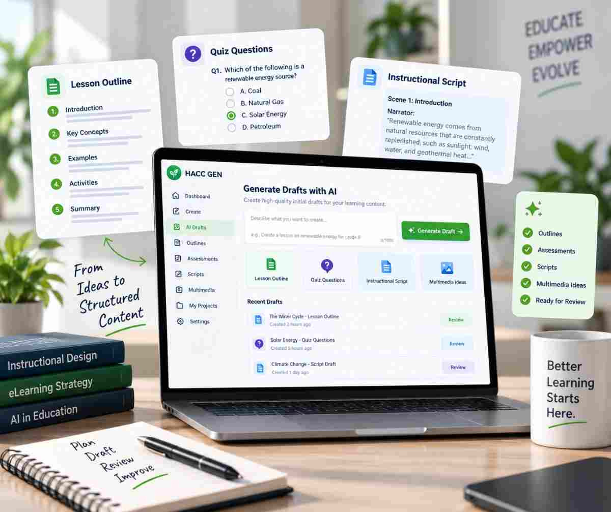 AI-assisted draft generation workspace for learning content
