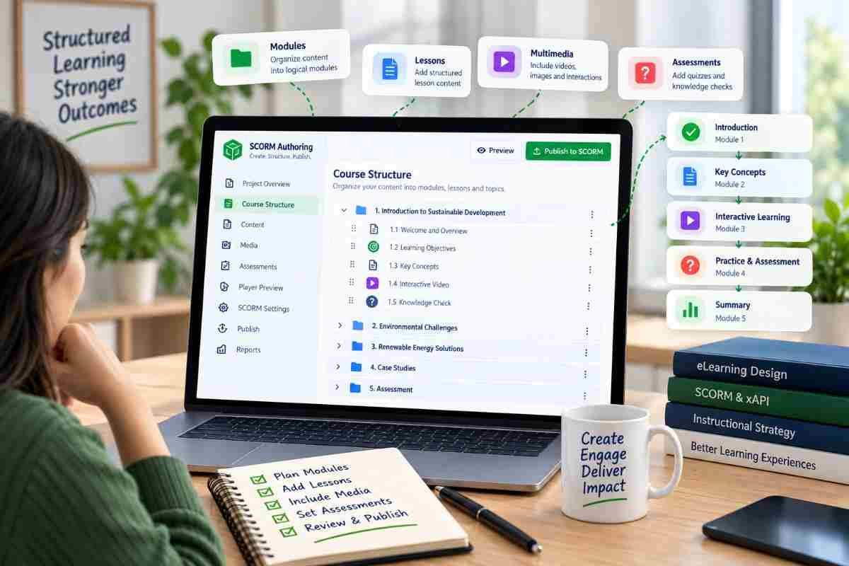 SCORM course authoring interface showing modules, lessons, and learning objectives