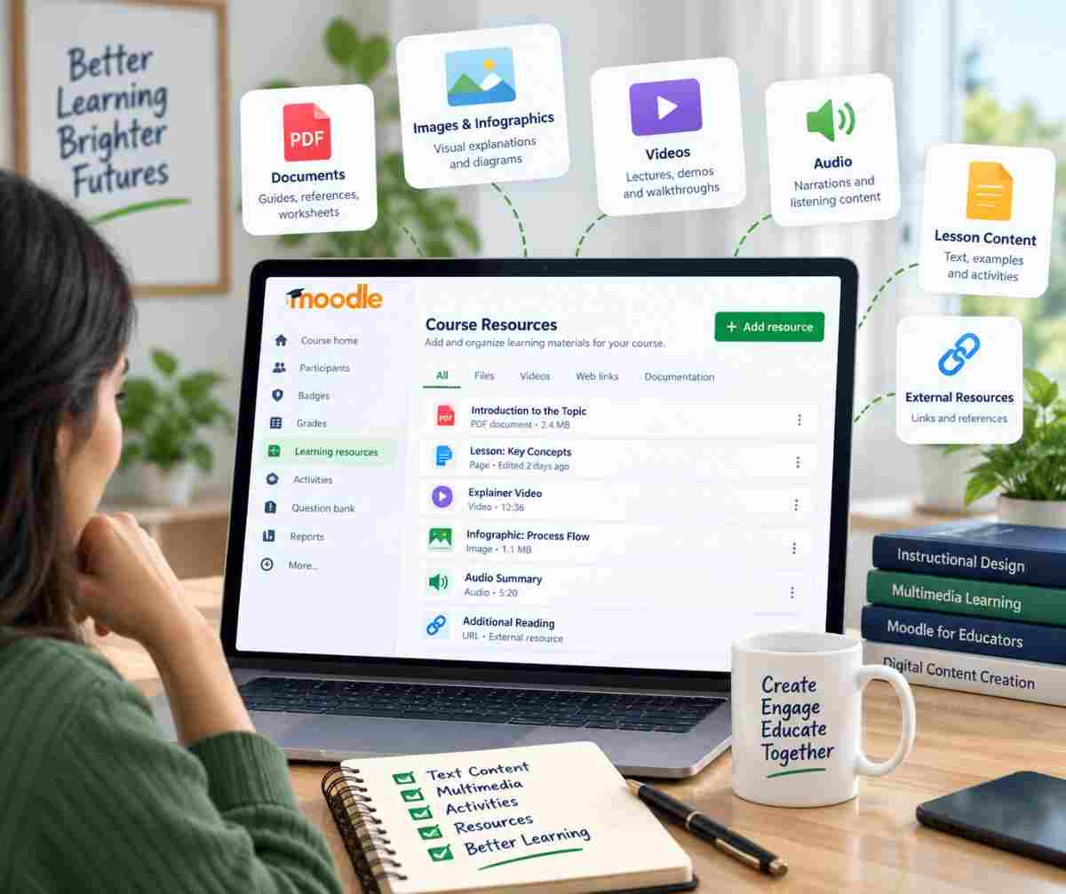 Moodle learning resource workspace showing text, documents, media, and activities