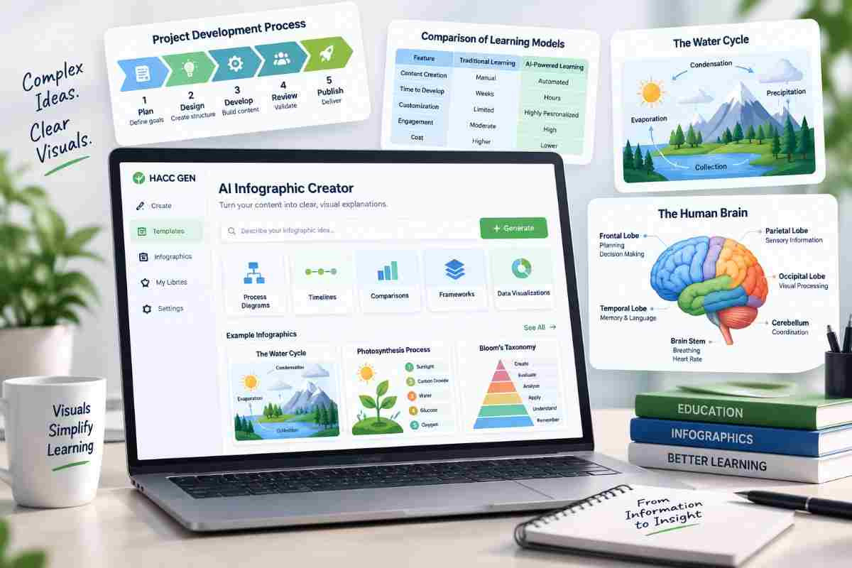AI infographic creation workspace showing visual learning content
