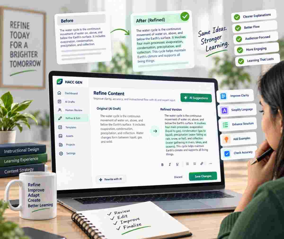 Content refinement workspace showing edits and instructional improvements