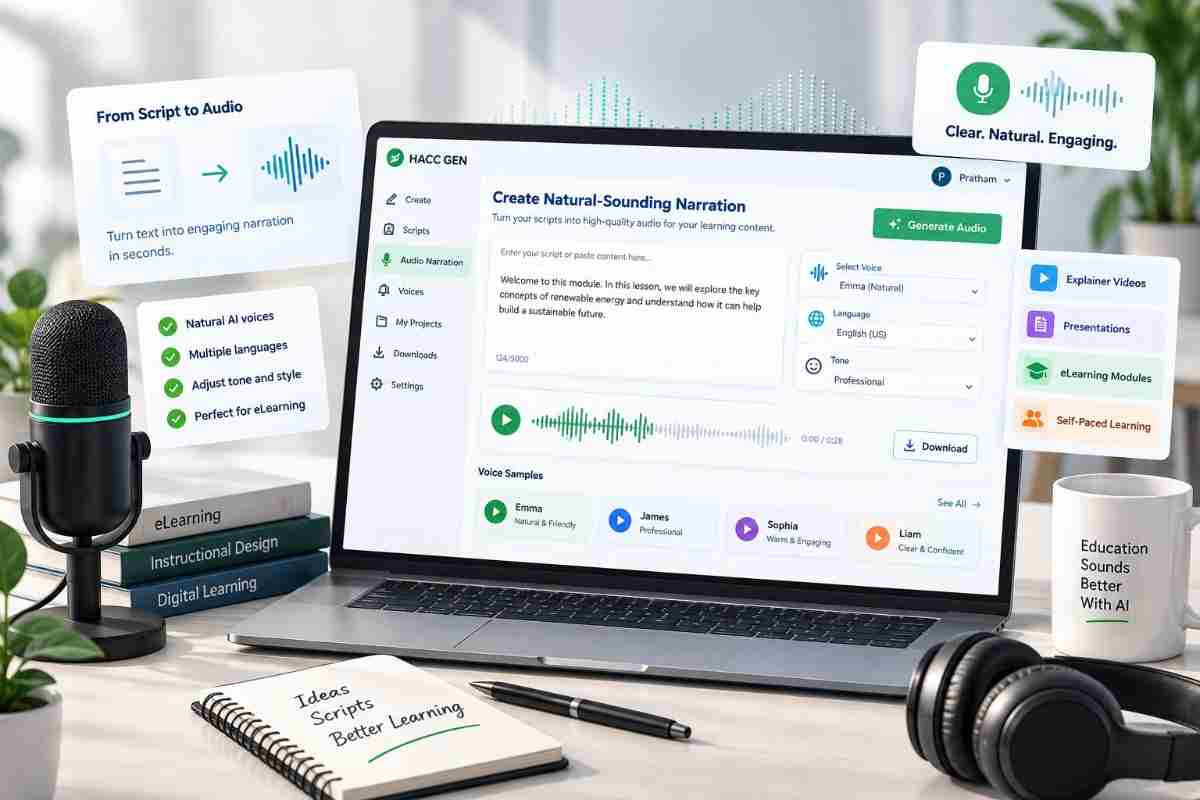 AI audio narration workspace showing an instructional script and audio timeline