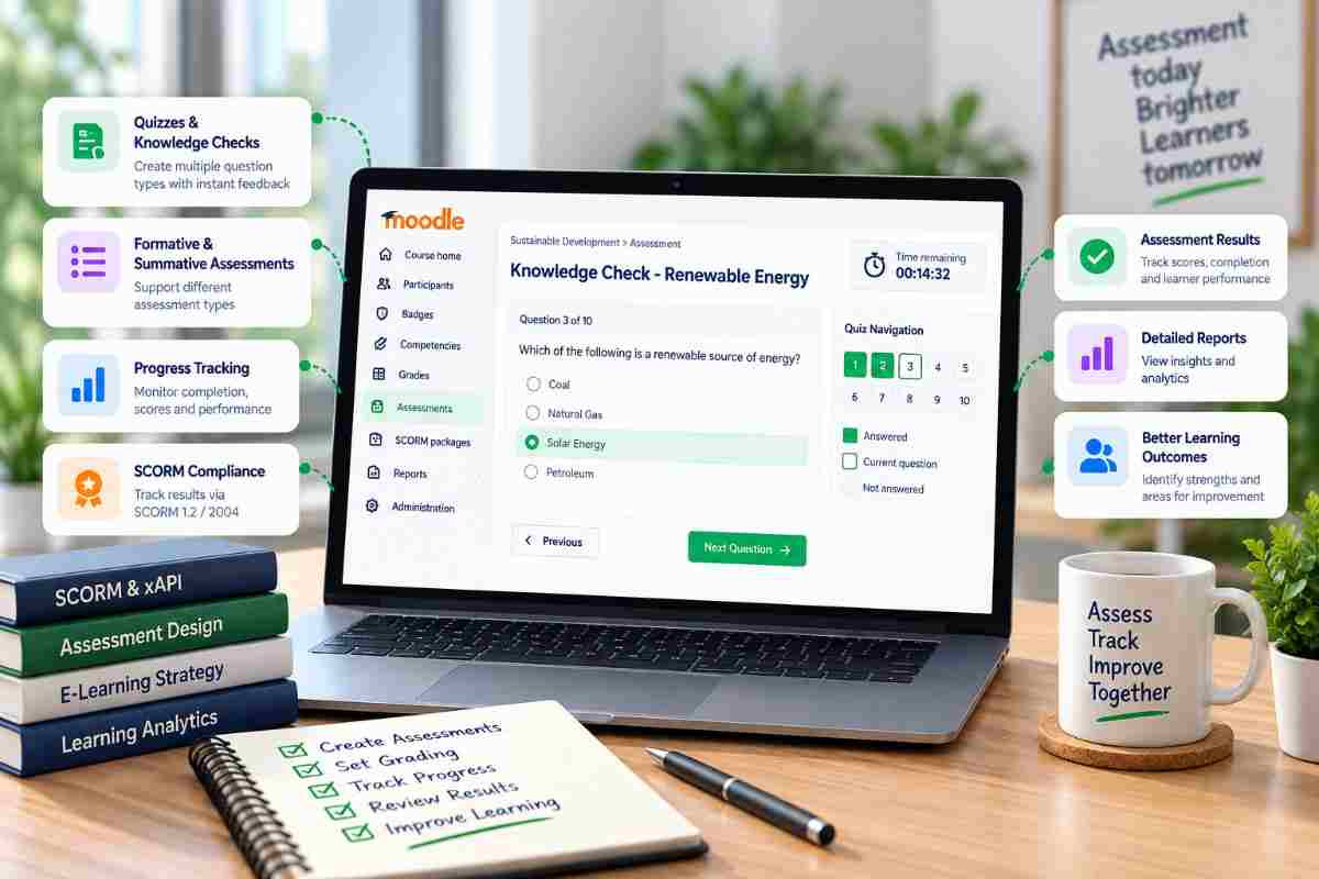 SCORM assessment authoring workspace showing quiz questions and tracking settings