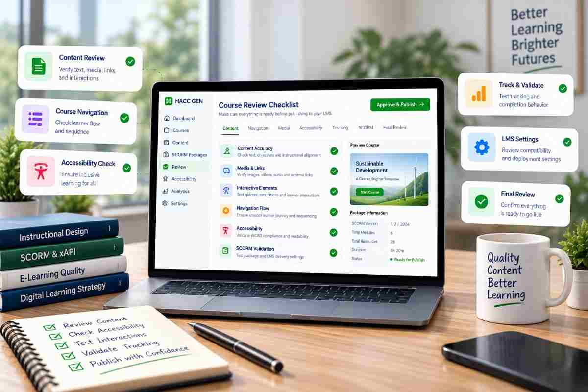 SCORM publishing review workspace showing course quality checks