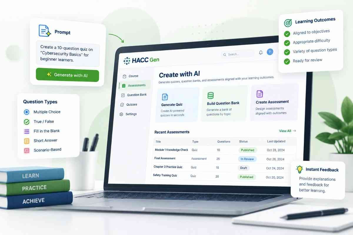 AI assessment workspace showing quiz questions and answer options