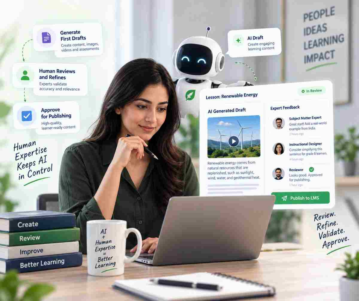 Human-in-the-loop AI workspace showing AI-generated content, review comments, and approval controls
