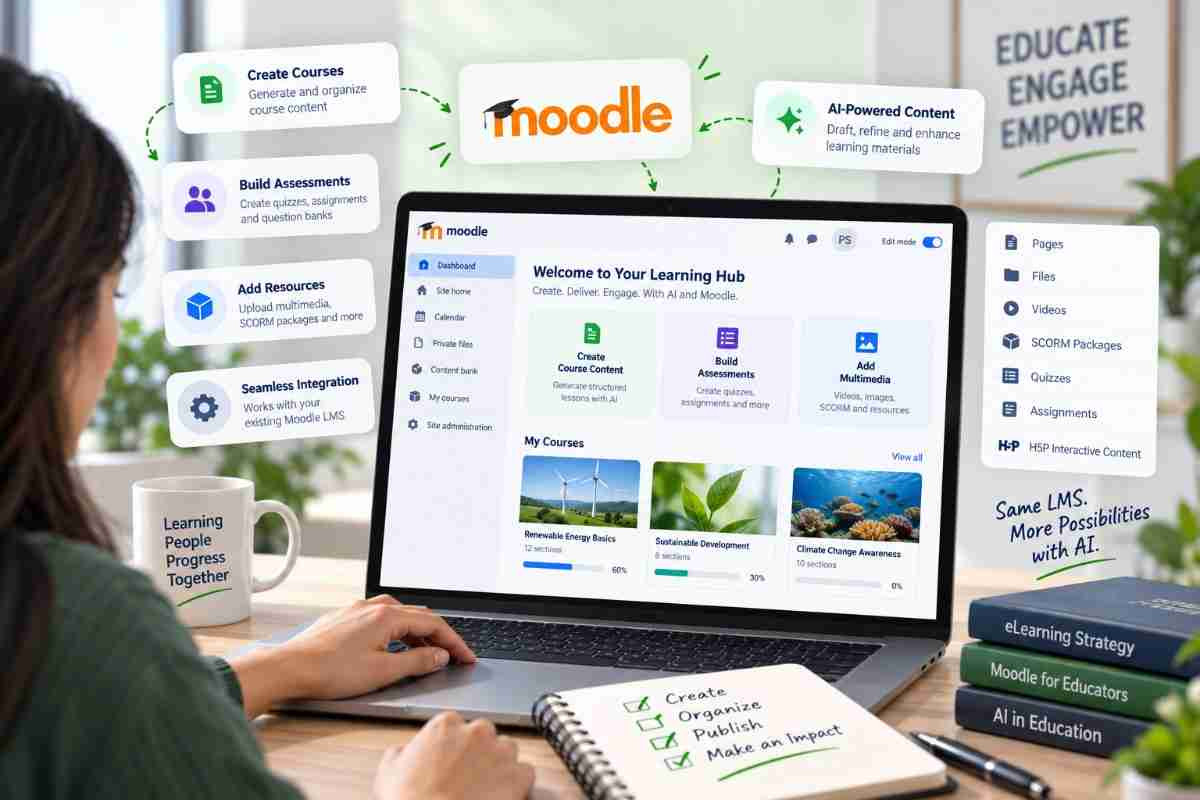 Moodle integration workspace showing course content, LMS connection, and publishing workflow