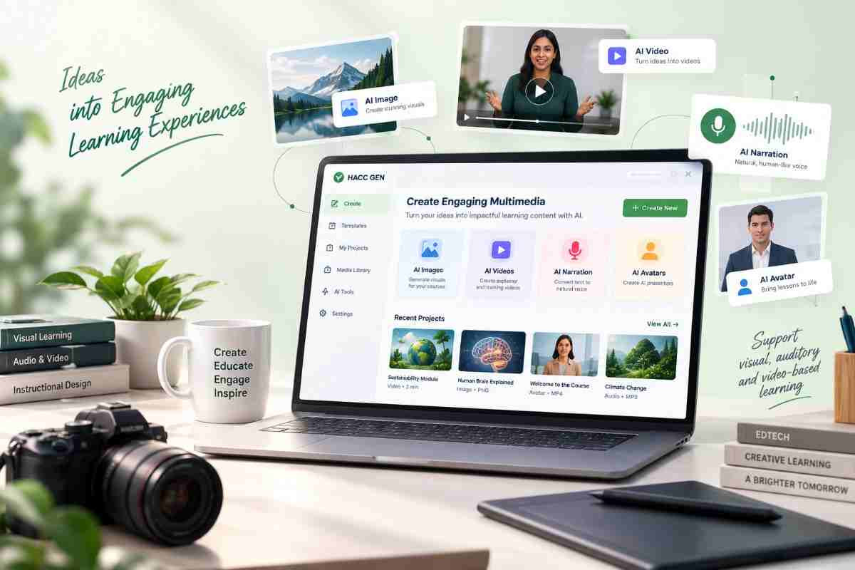 AI multimedia workspace showing images, narration, and video content