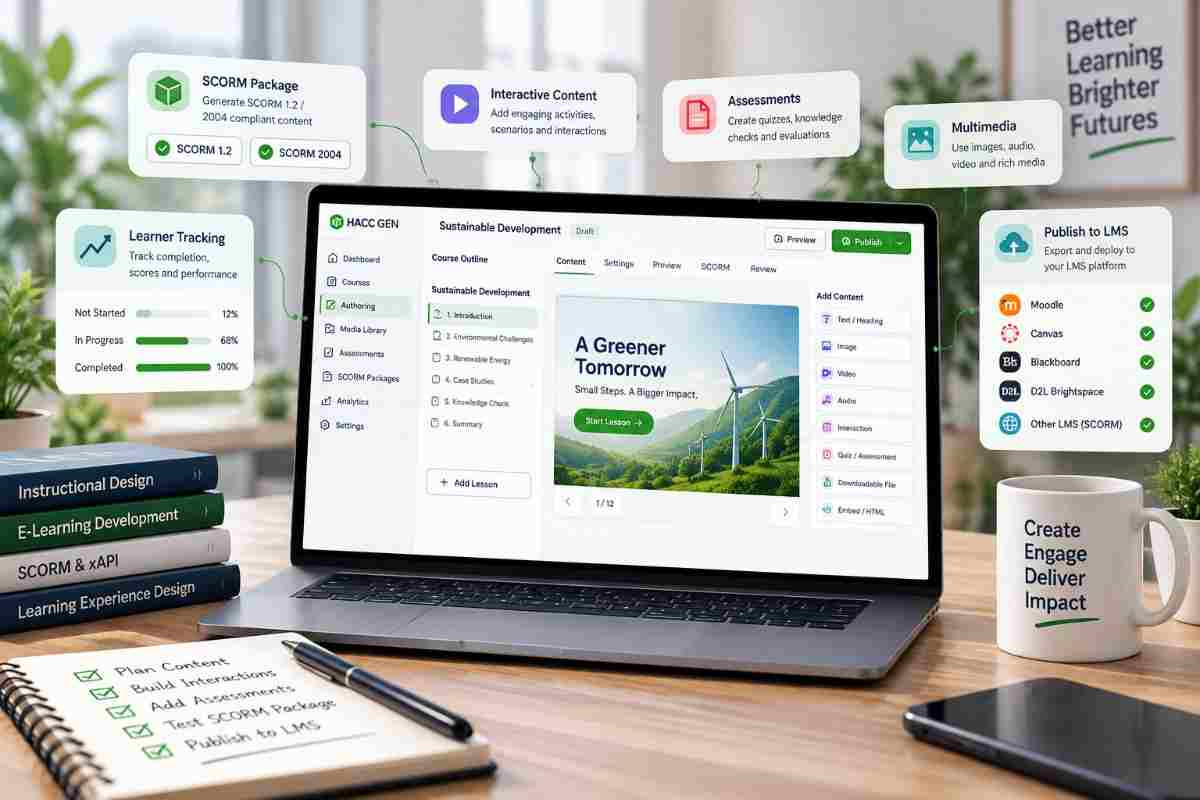 SCORM authoring workspace showing course structure, interactive content, and publishing settings